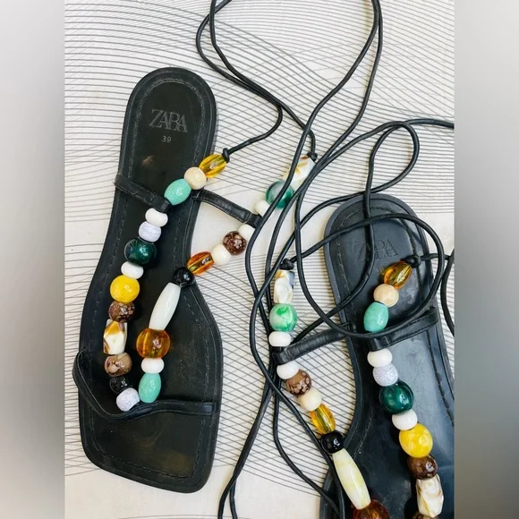 Brand new zara limited edition leather with beads summer lace up flat sandal - Picture 2 of 6